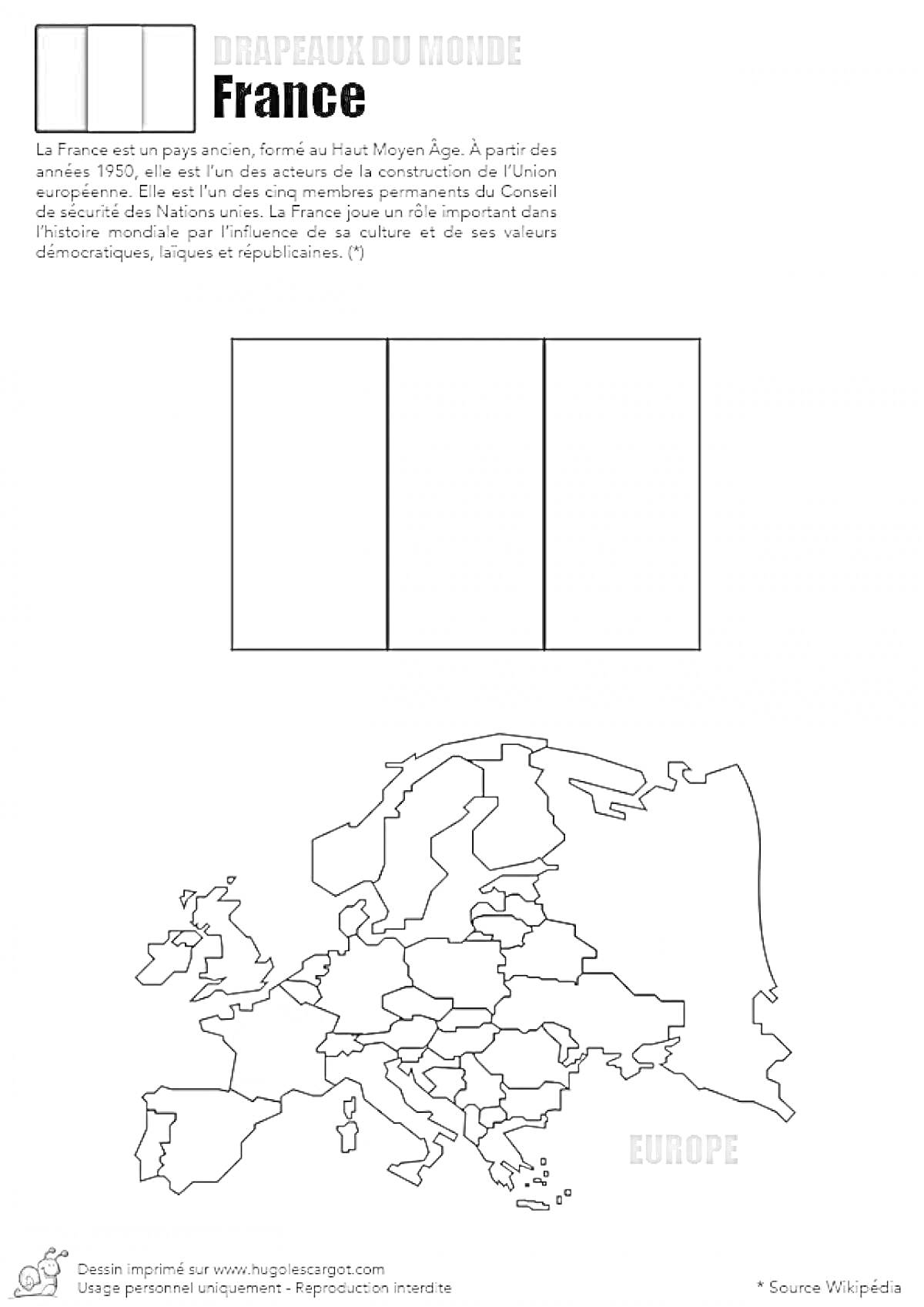 Раскраска герб Франции с флагом, картой и информацией