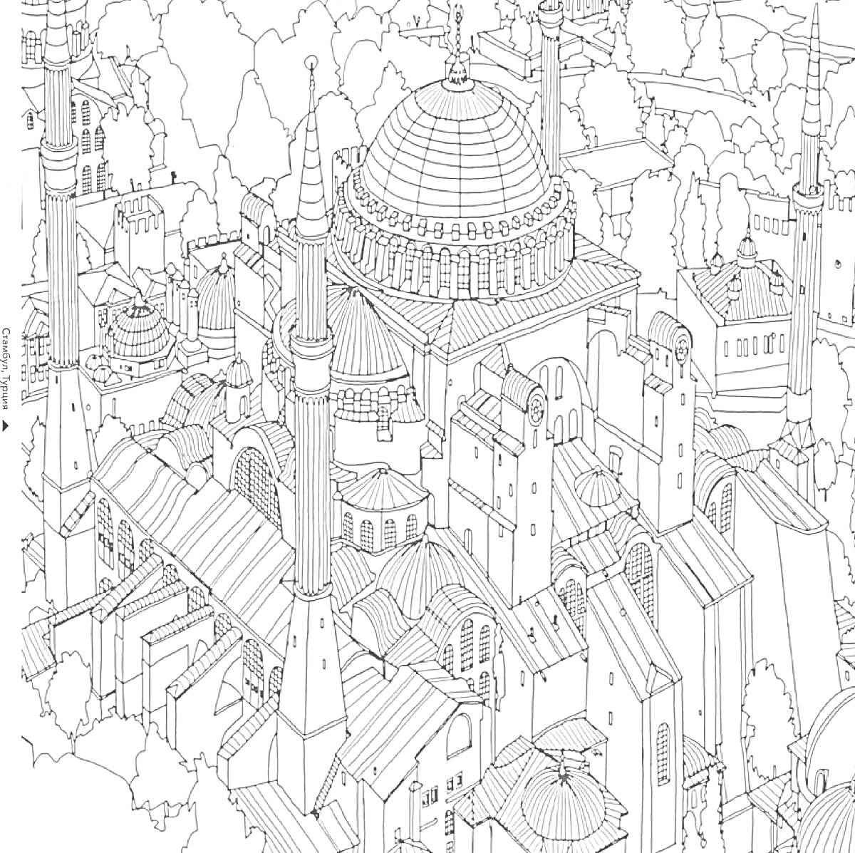 Раскраска Восточный город, крупные мечети с куполами и минаретами, окружающие здания и деревья