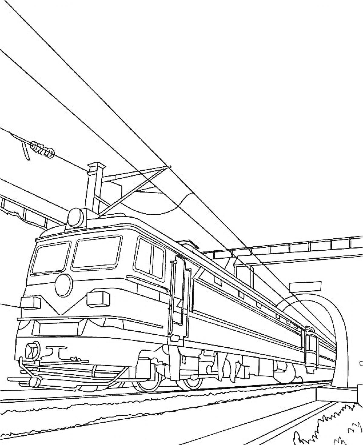 Раскраска Электричка, въезжающая в туннель на железнодорожных путях, с мостом и линиями электропередач