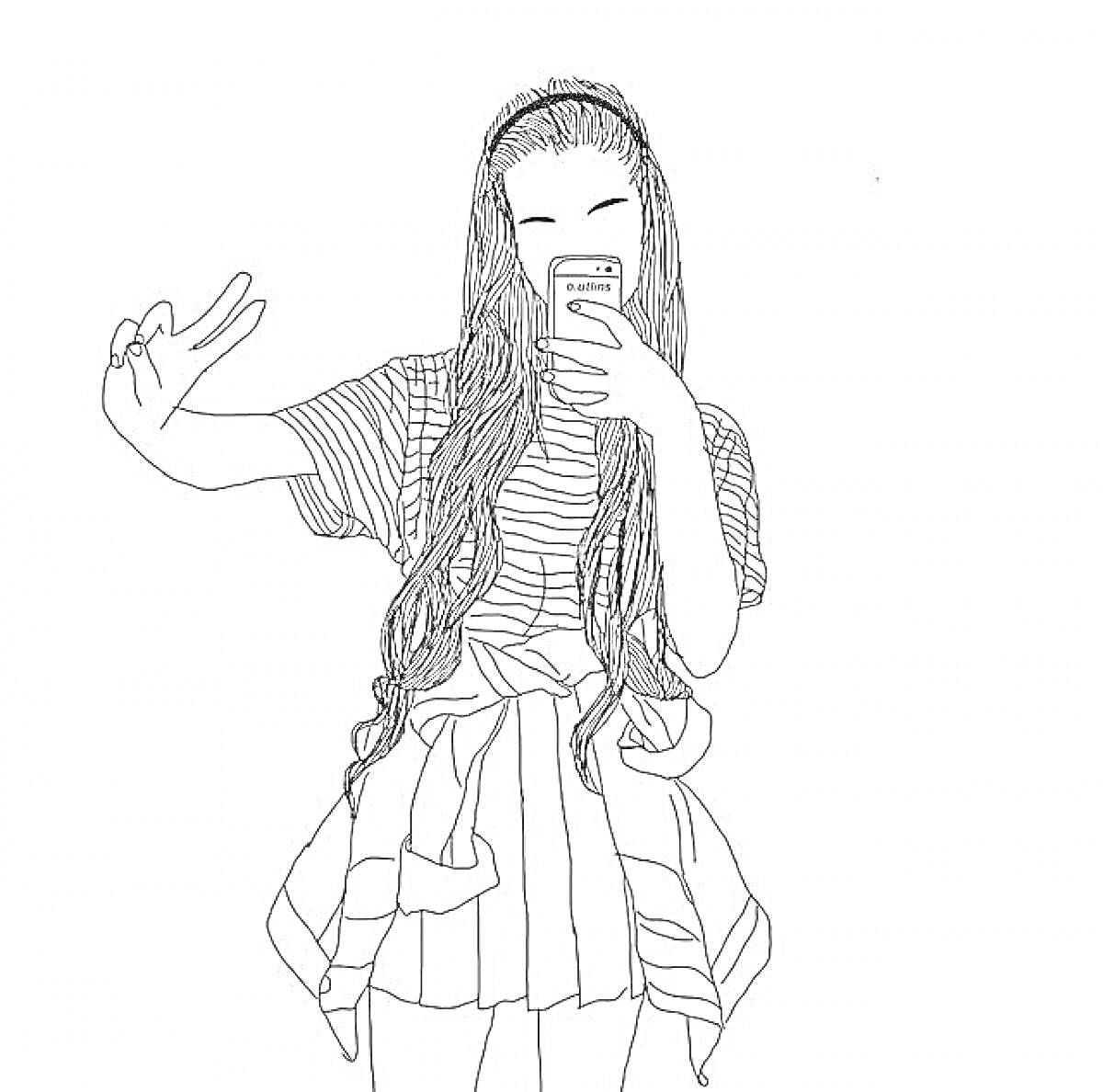 На раскраске изображено: Девочка, Длинные волосы, Селфи, Телефон, Знак мира, Платье