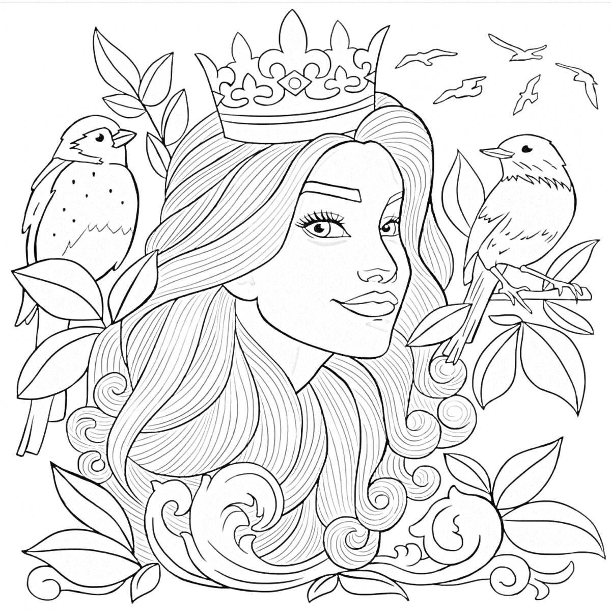 Раскраска Портрет девушки с короной, сидящими на ветках птицами и листьями