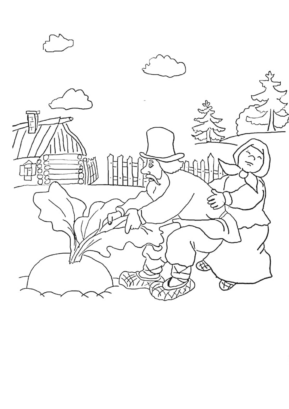 На раскраске изображено: Дед, Бабка, Деревня, Дом, Природа, Облака, Деревья, Для малышей