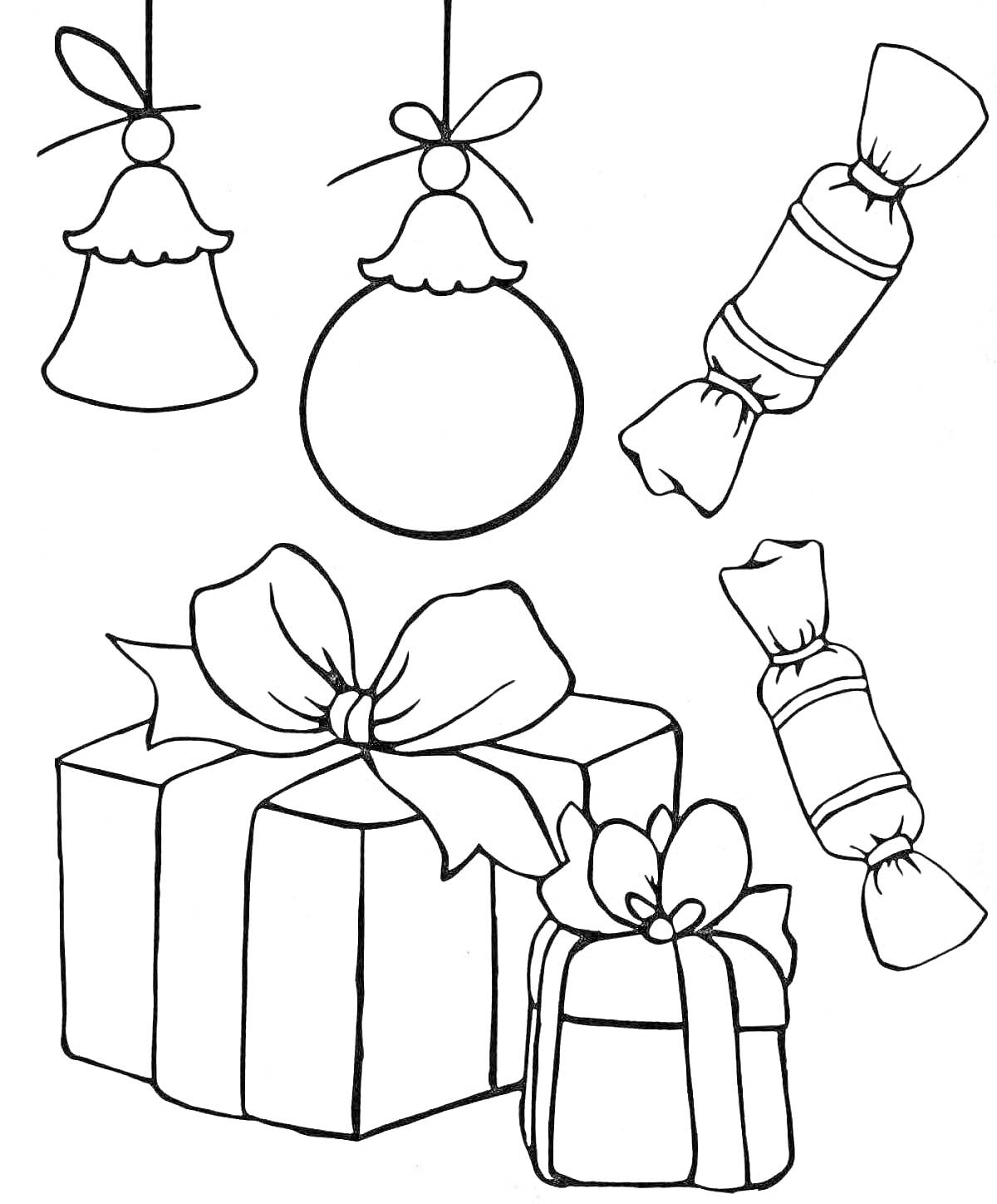На раскраске изображено: Новый год, Ёлочные игрушки, Конфеты, Подарки