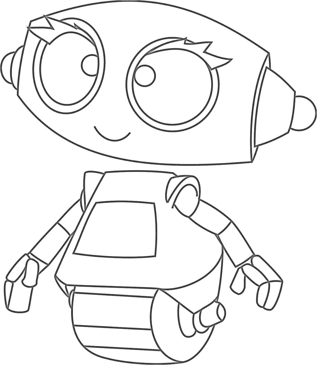 Раскраска Робот с большими глазами, антеннами по бокам головы, квадратным телом и колёсами вместо ног