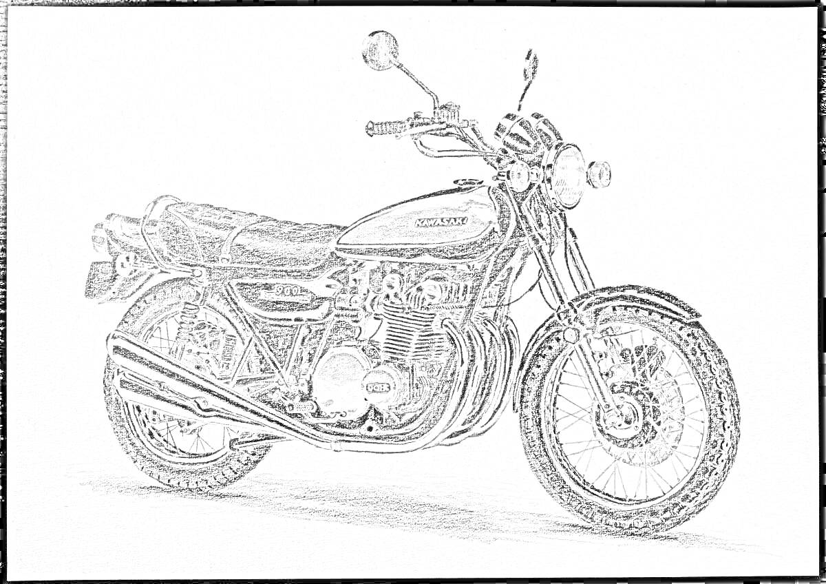 На раскраске изображено: Мотоцикл, Коляска, Глушитель, Колёса
