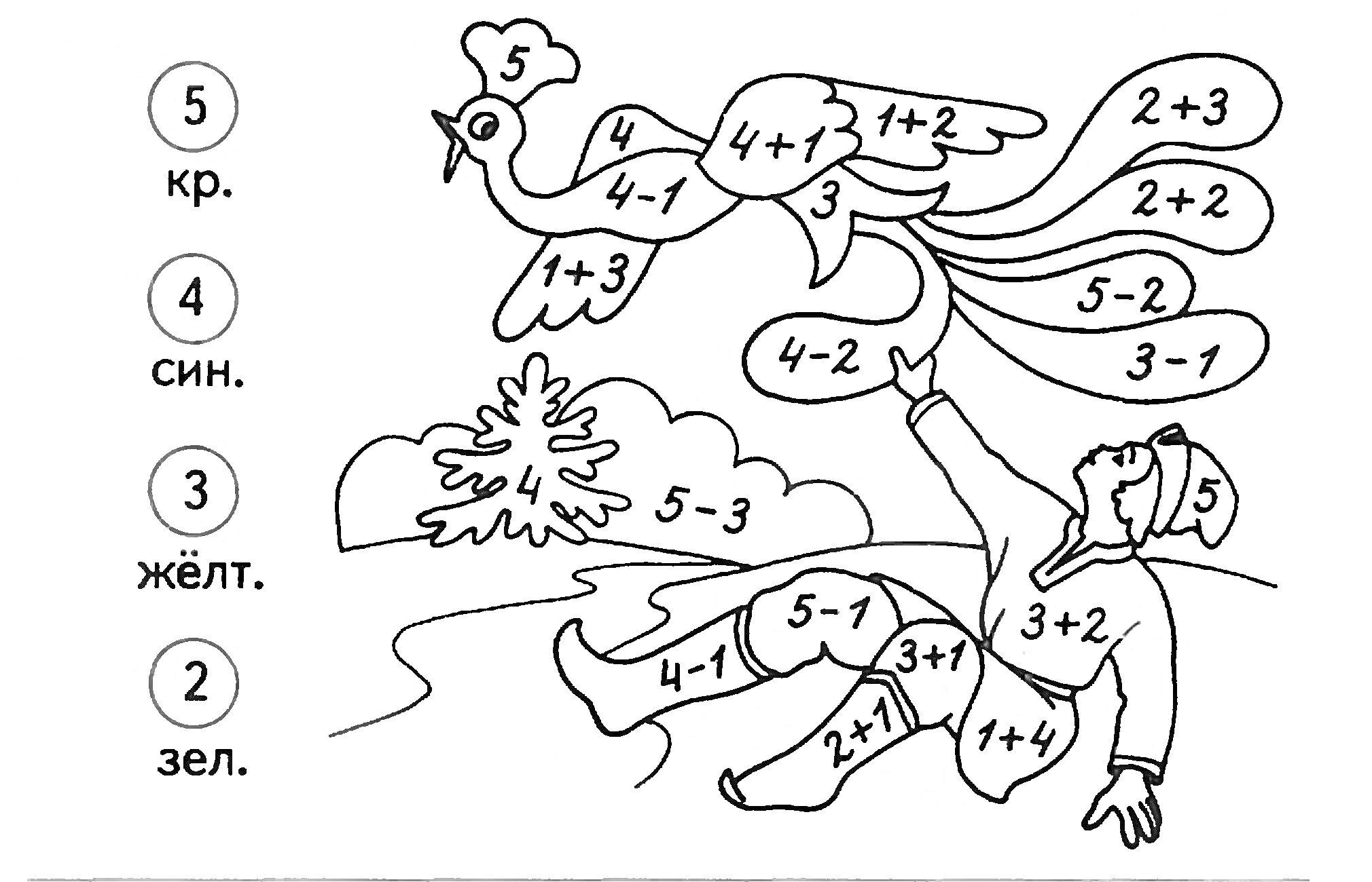 Раскраска Раскраска для 1 класса по математике с задачами на счёт от 1 до 10, включающая изображение птицы, дерева и ребёнка