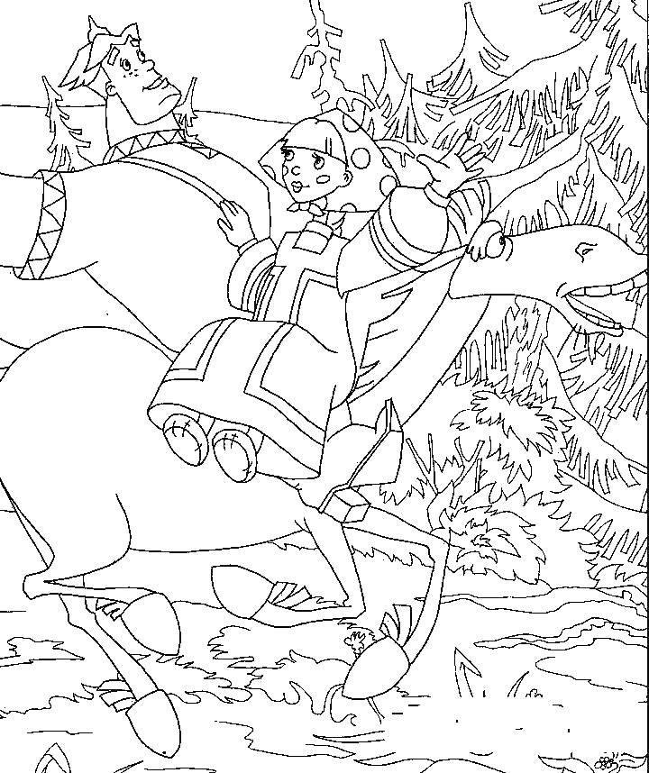 Раскраска Мальчик в зимней одежде на коне с валенками в руках, лес на заднем плане