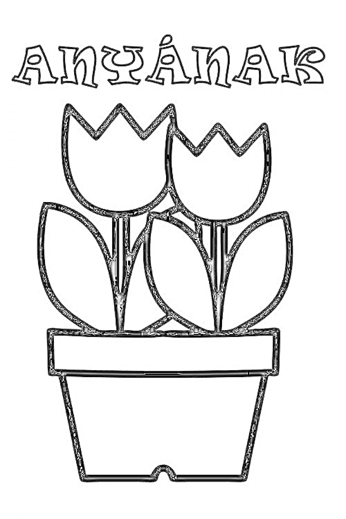 На раскраске изображено: Тюльпаны, Растения, Цветы, Надпись, Цветок в горшке