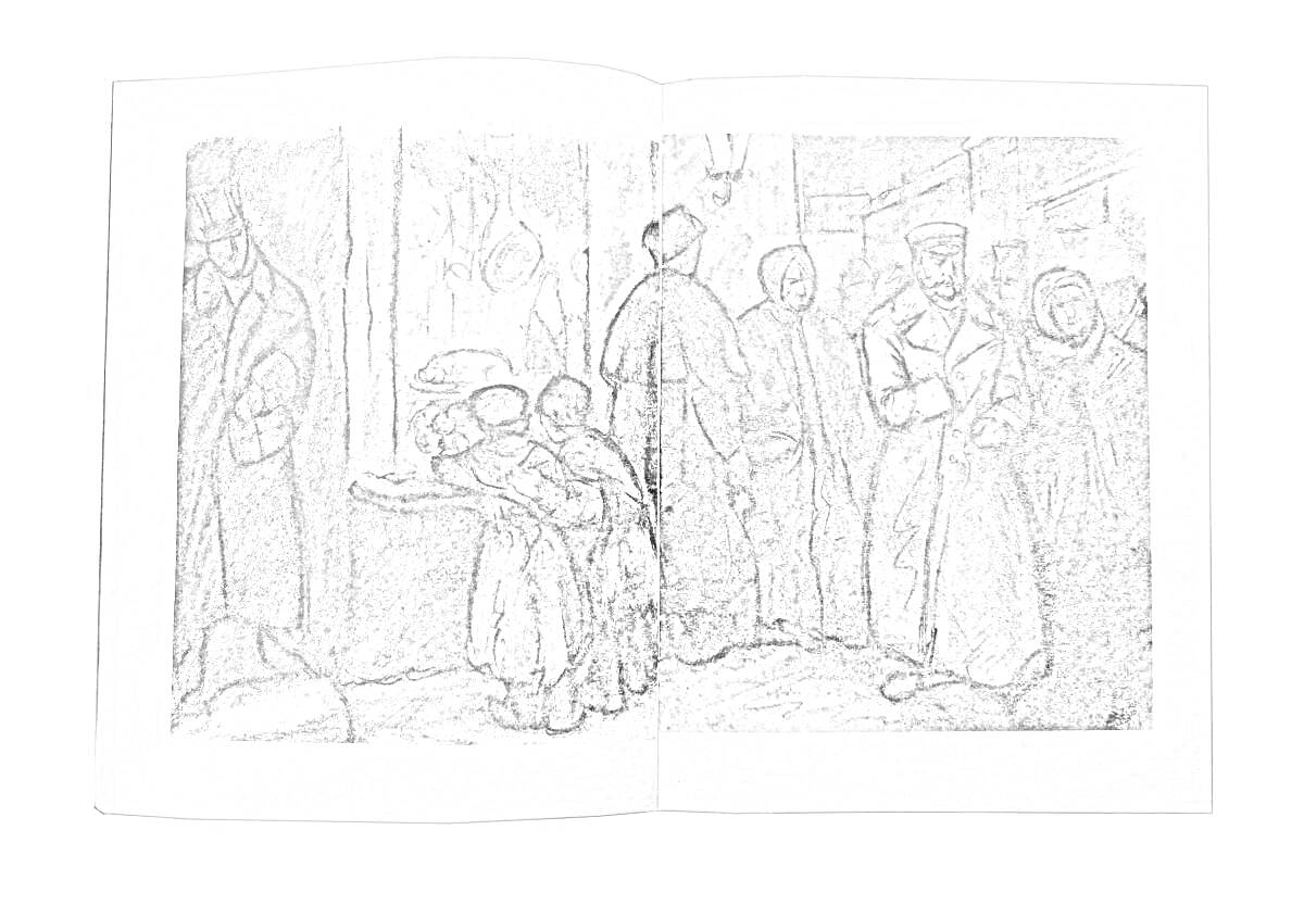 На раскраске изображено: Верхняя одежда, Ребенок, Женщина, Толпа, Зима, Ожидание, Доктор, Куприн, Чудесный доктор