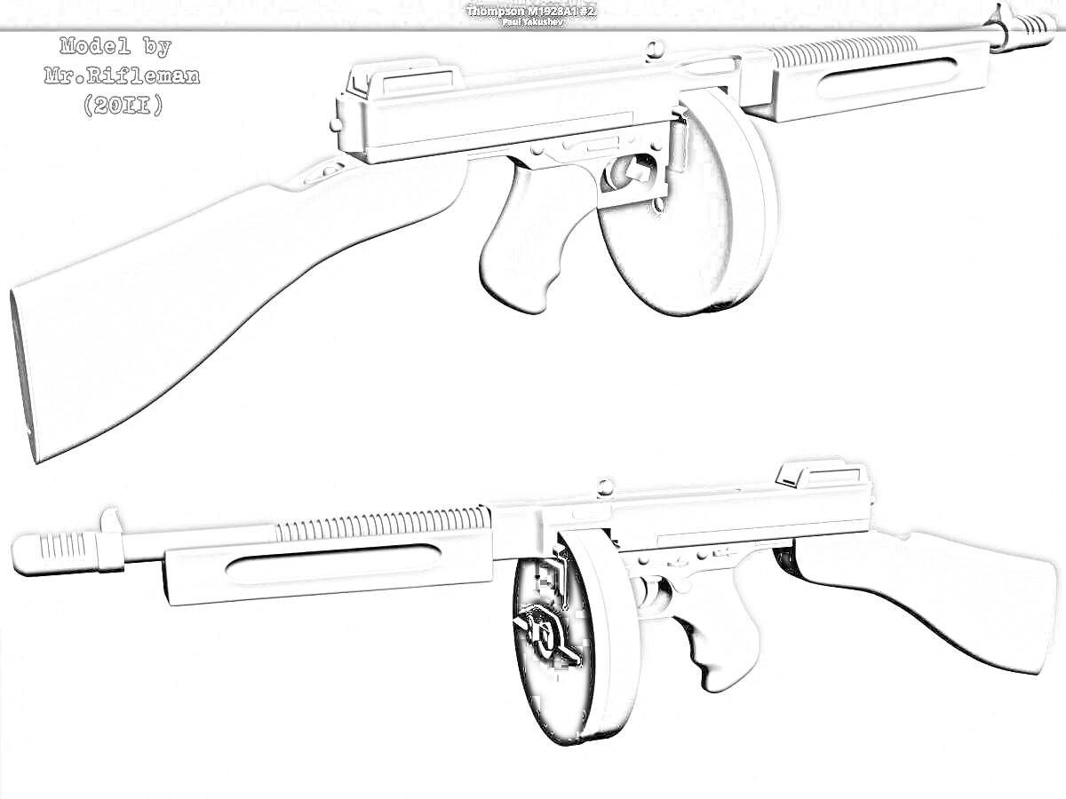 На раскраске изображено: Томпсон, Оружие, Барабанный магазин, Автомат