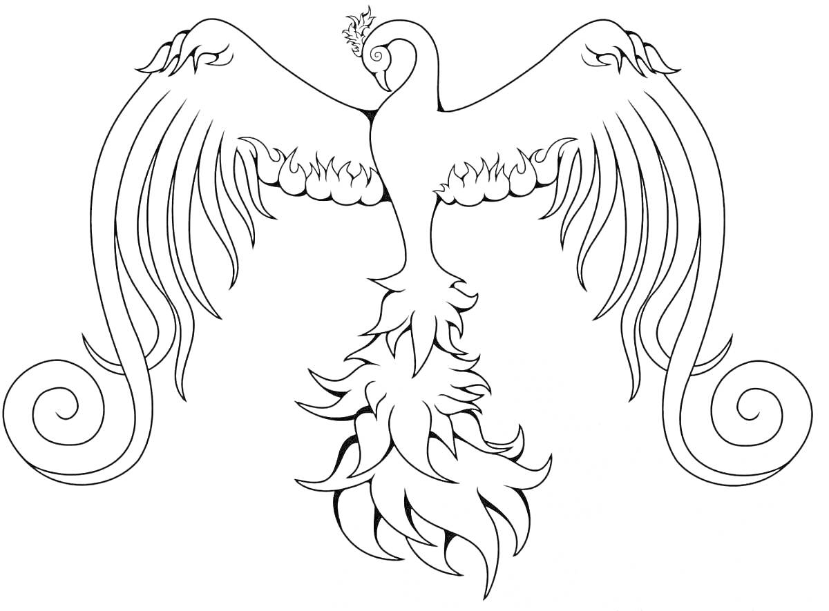 На раскраске изображено: Феникс, Огонь, Птица, Крылья, Хвост, Мифические существа