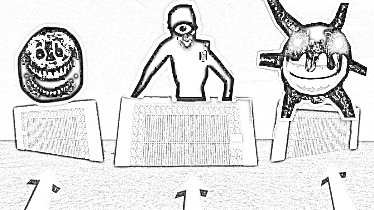 Раскраска Три необычных персонажа за оградами, слева направо: круглоголовый смайлик, человек с глазом на головe, многолапый улыбающийся монстр