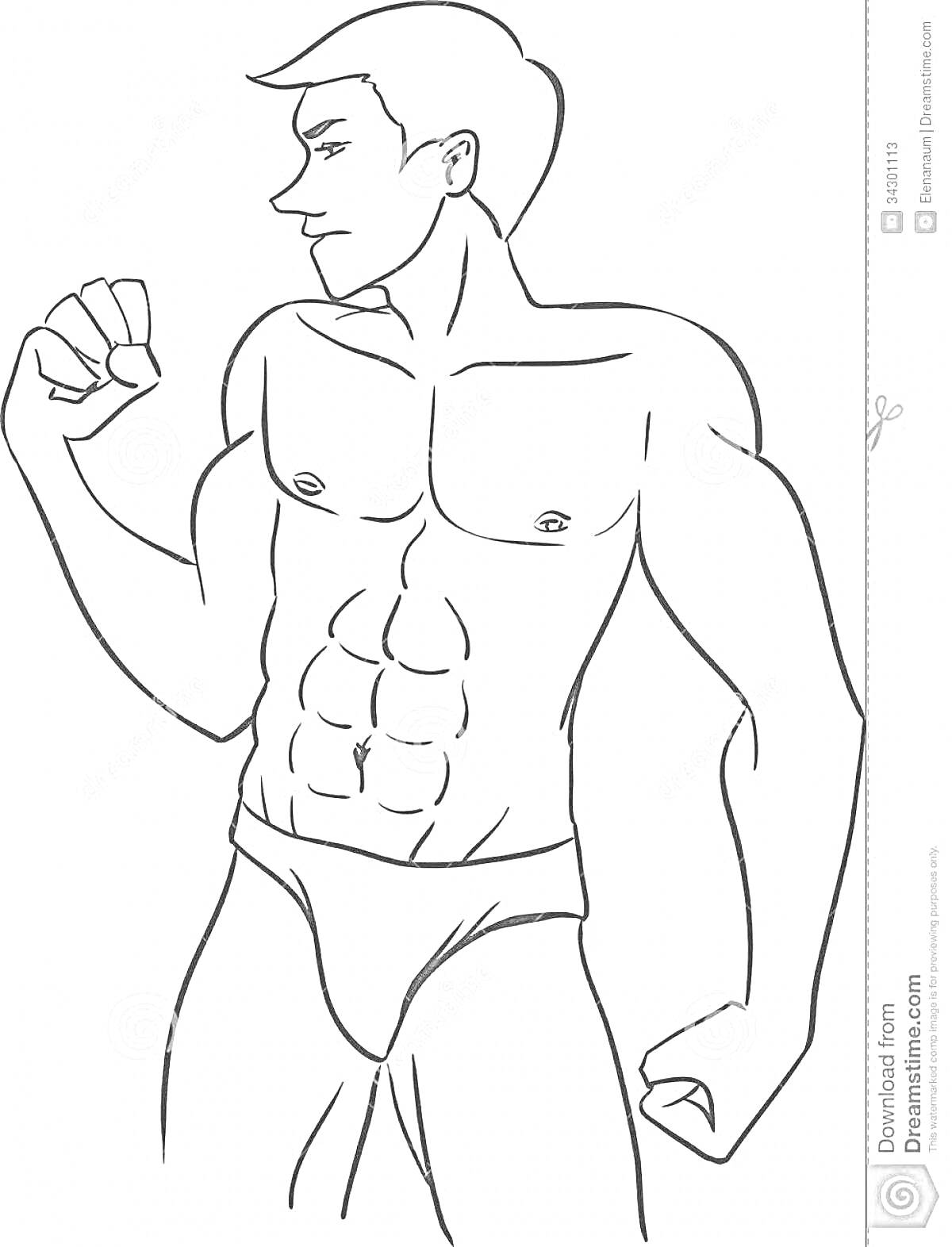 На раскраске изображено: Мужчина, Мускулистое тело, Нижнее бельё, Сила, Фитнес