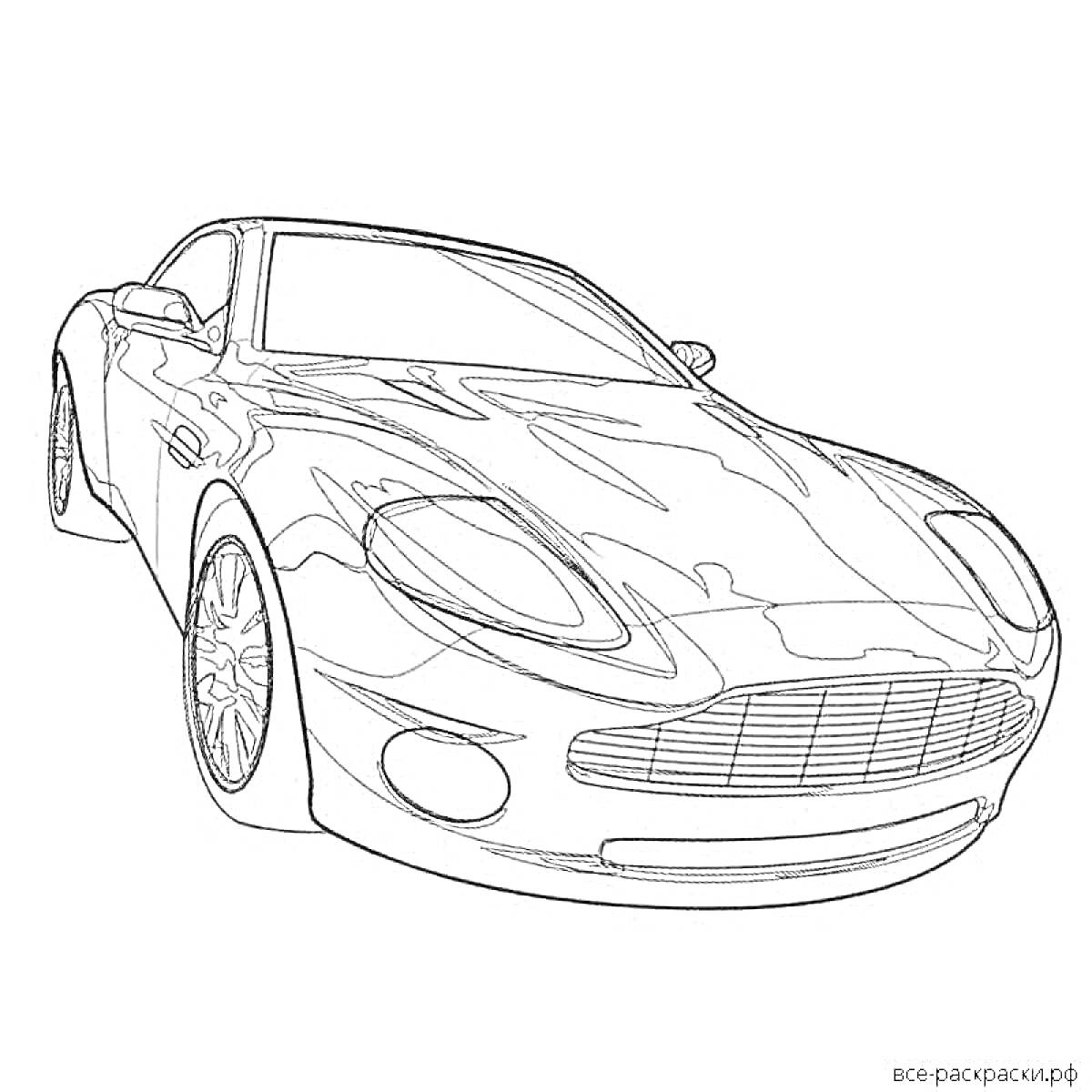 Раскраска Спортивный автомобиль с вычурными линиями, изображены передний бампер, фары, колеса и двери