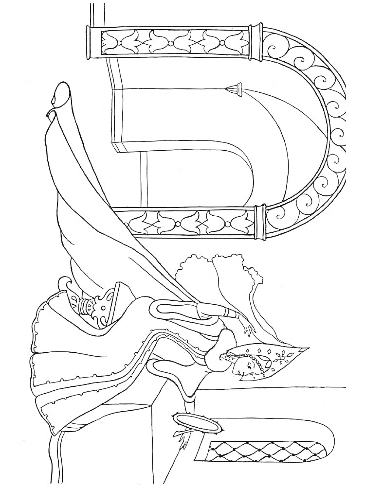 Раскраска Царевна с зеркалом у арочного окна