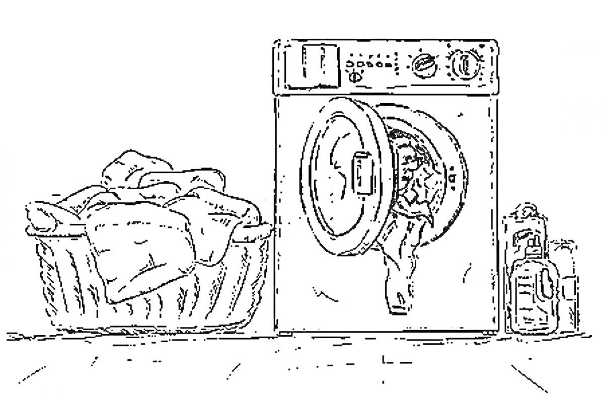 На раскраске изображено: Стирка, Стиральная машина, Одежда, Корзина для белья, Моющее средство, Прачечная, Бытовая техника, Домашнее хозяйство