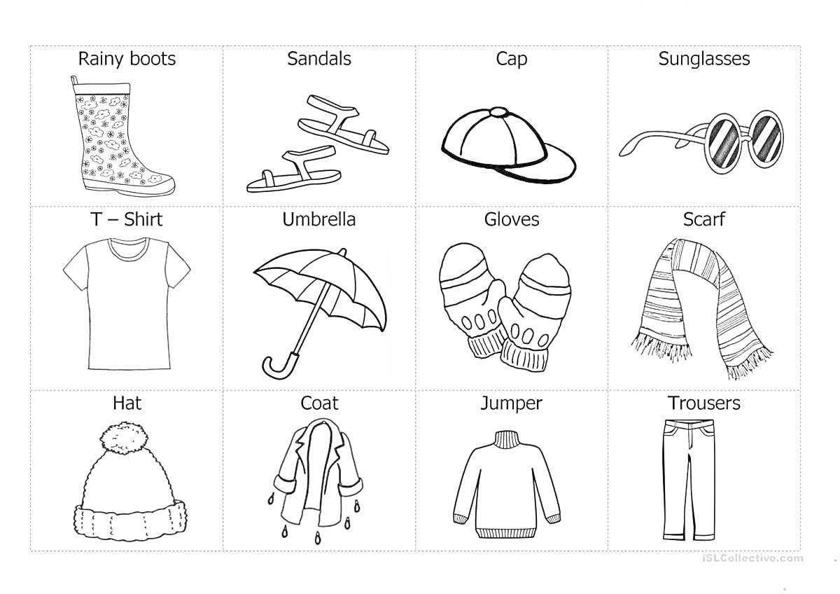 Раскраска Rainy boots, Sandals, Cap, Sunglasses, T-Shirt, Umbrella, Gloves, Scarf, Hat, Coat, Jumper, Trousers