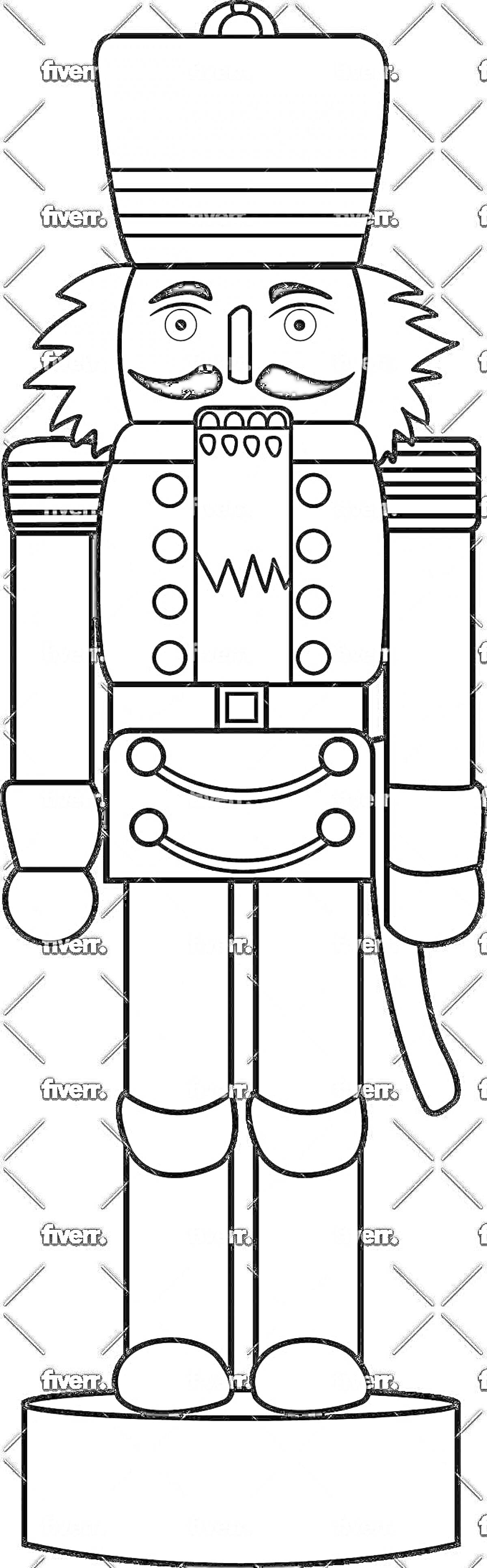 На раскраске изображено: Щелкунчик, Парадная форма, Фуражка, Меч, Постамент, Новогодний декор, Деревянная кукла