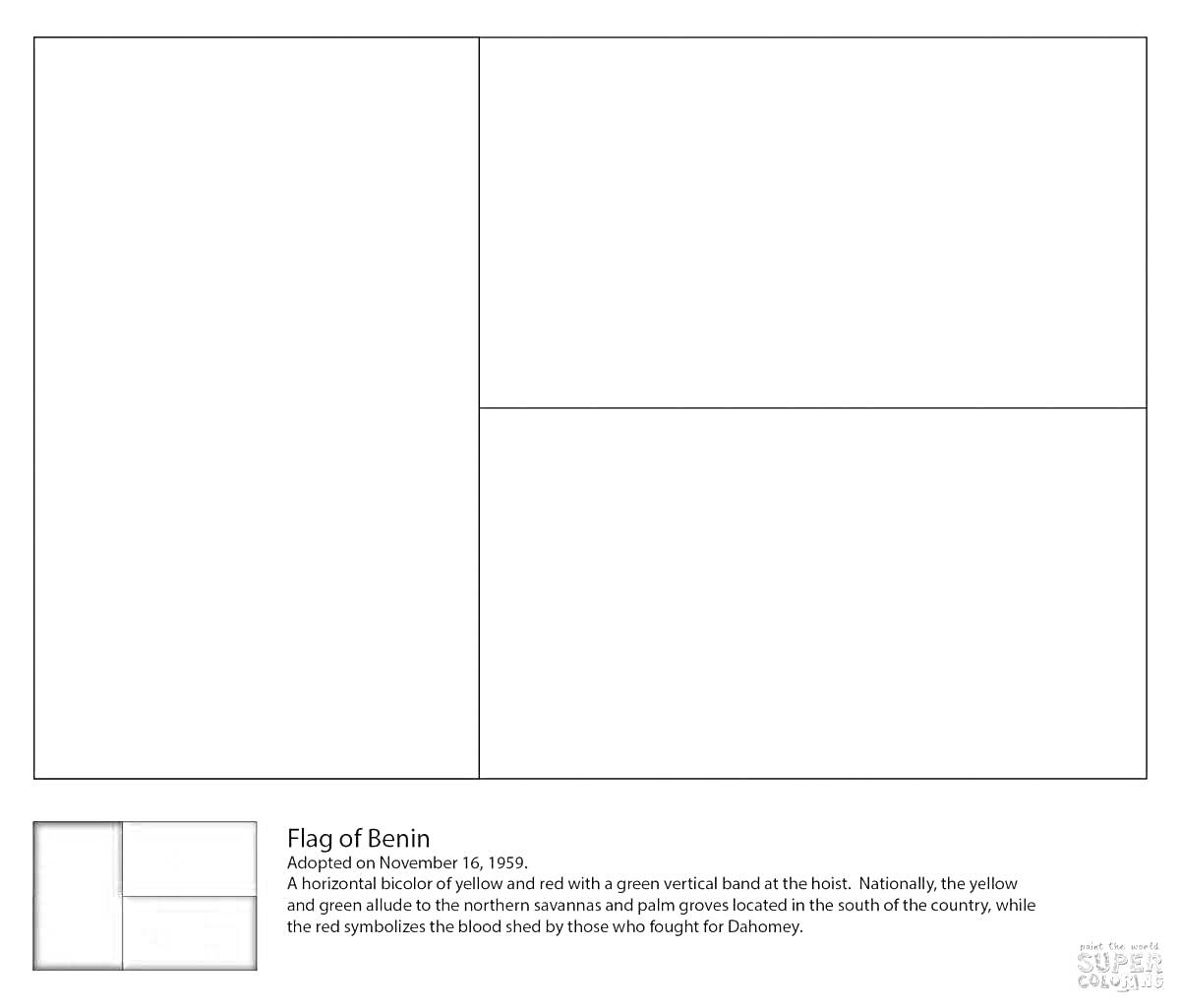 Раскраска Флаг Бенина: три горизонтальные полосы, верхняя и нижняя остаются без цвета, правая большая полоса остаётся вовсе без цвета