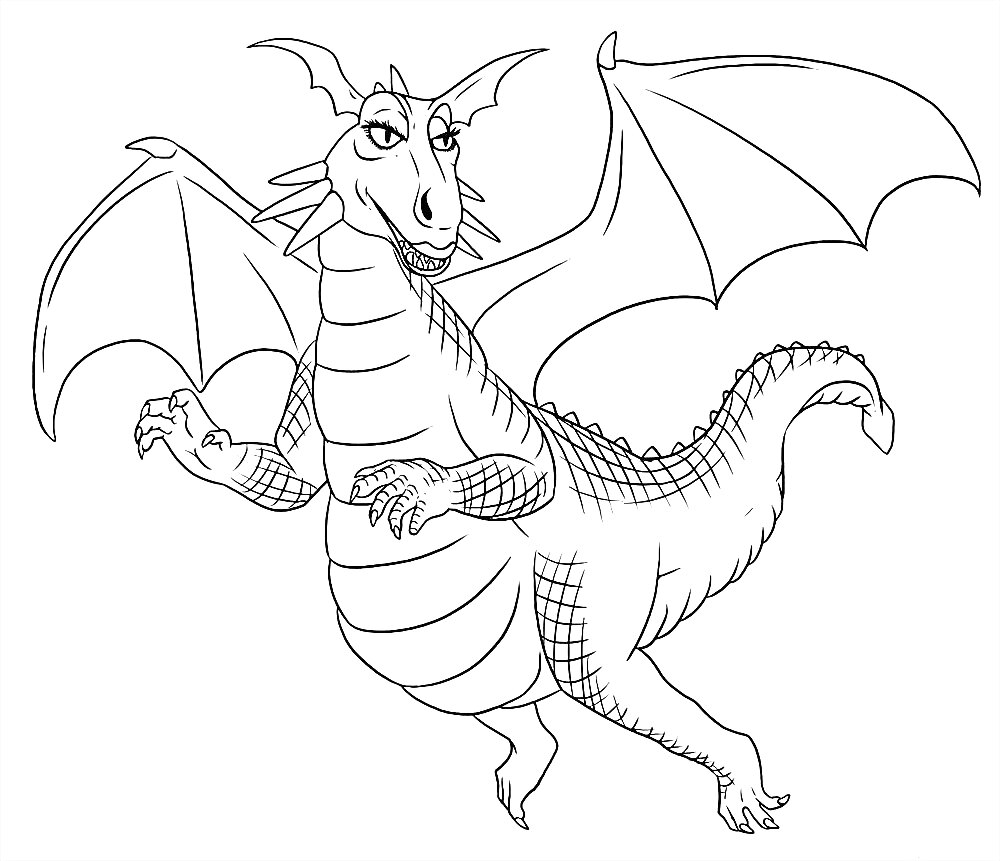 Раскраска Дракон с большими крыльями и длинным хвостом