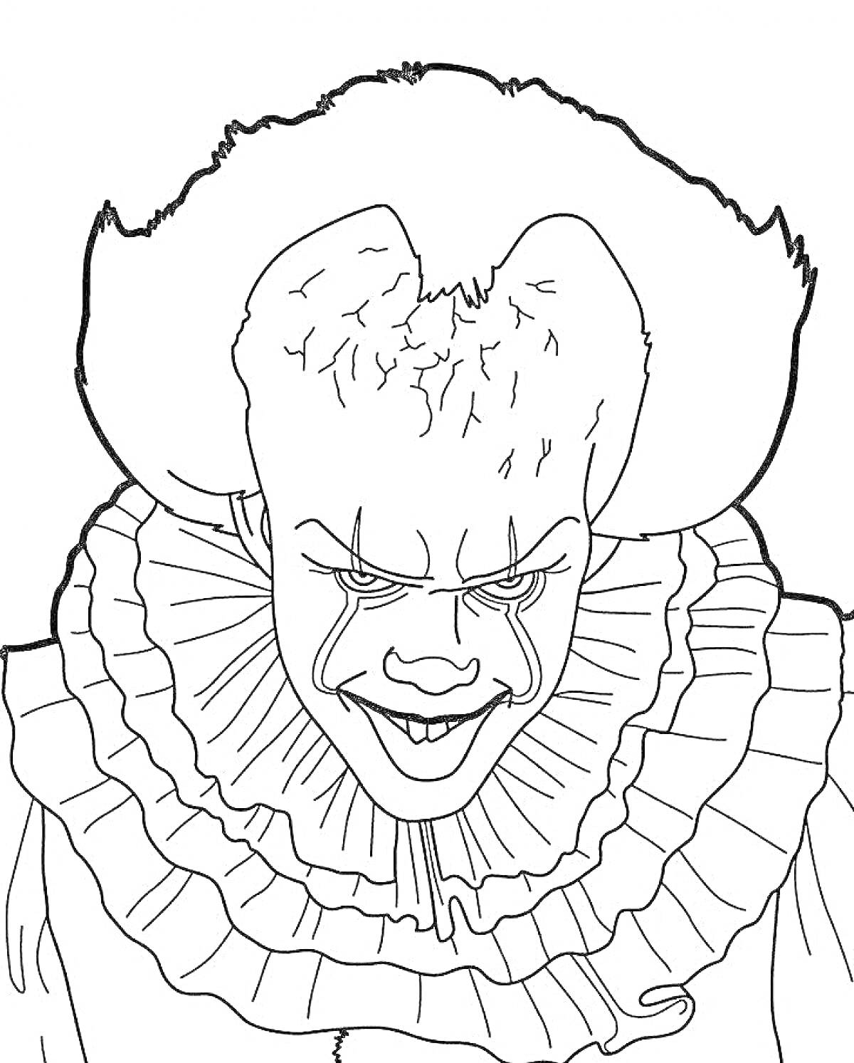 Раскраска Пеннивайз крупным планом с клоунским гримом, шероховатым лбом и клоунской шейной оборкой