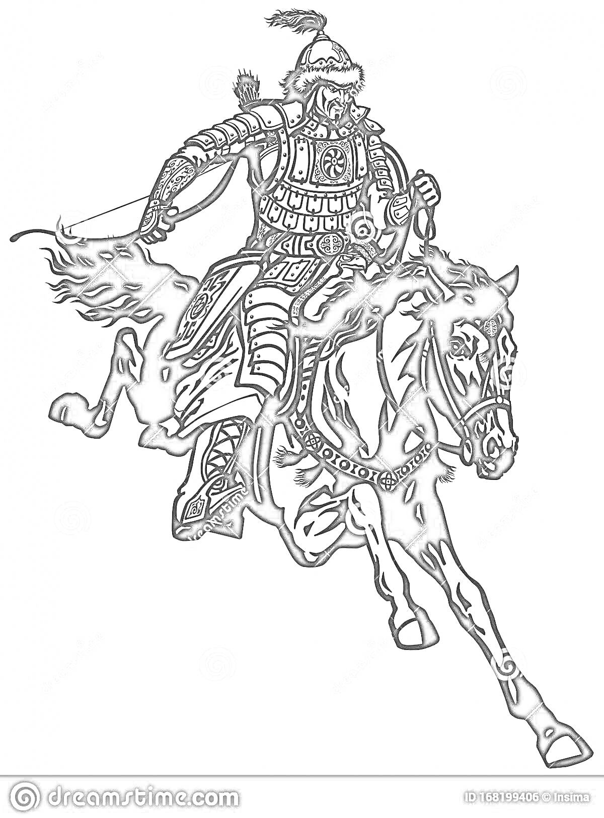 На раскраске изображено: Лошадь, Доспехи, Сабля, Скачка, Военная одежда, Монголия, Средневековье, Оружие