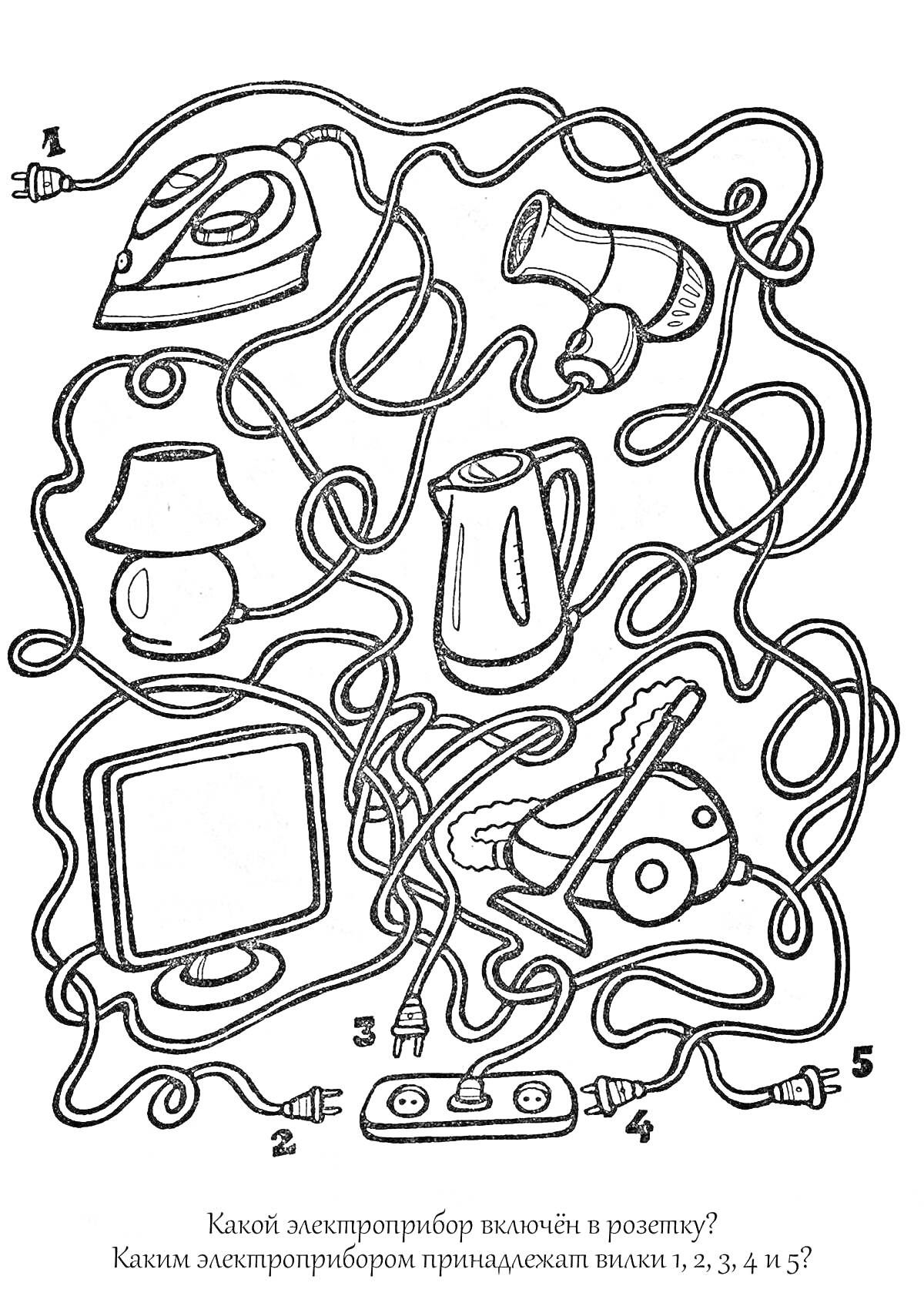 Раскраска Электроприборы с кабелями и вилками: утюг, фен, лампа, электрочайник, монитор компьютера, пылесос и розетка.