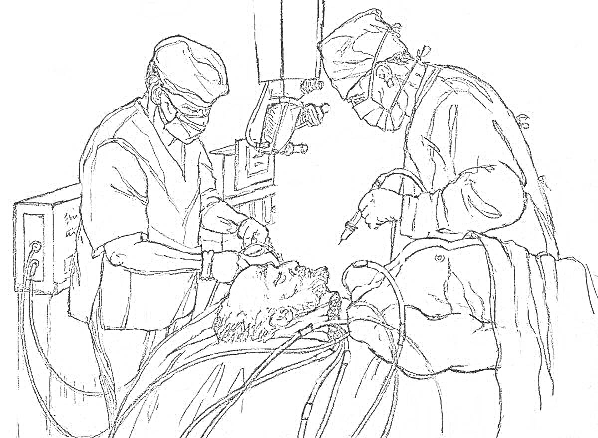На раскраске изображено: Операция, Хирургия, Пациент, Операционный стол, Больница, Медики