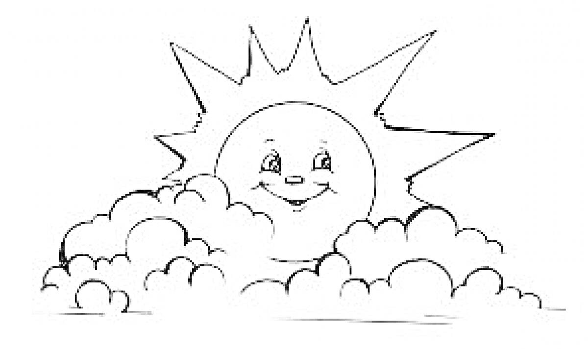 Раскраска Солнышко, выглядывающее из-за облаков