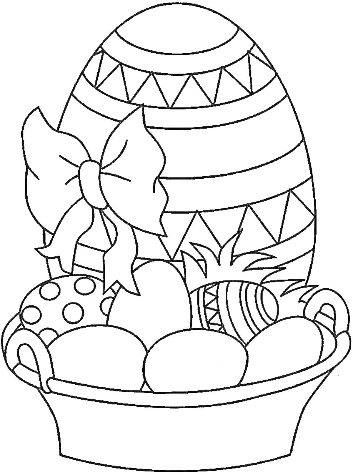 На раскраске изображено: Пасха, Яйца, Бант, Пасхальные яйца, Узоры