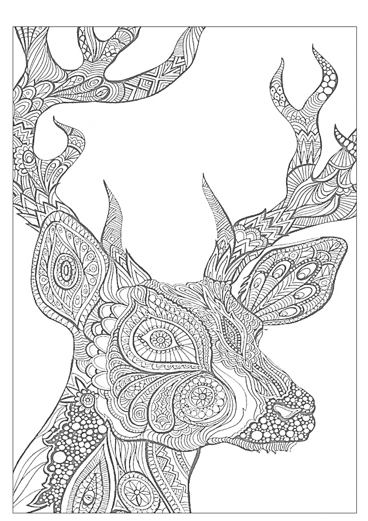 Антистресс расцветка с оленем, детализация включает сложные узоры и орнаменты на рогах, голове и шее животного