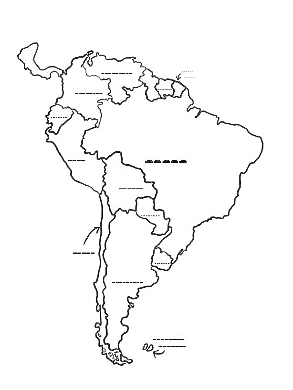 На раскраске изображено: Южная Америка, Контурная карта, Карта, География, Учеба, Образование