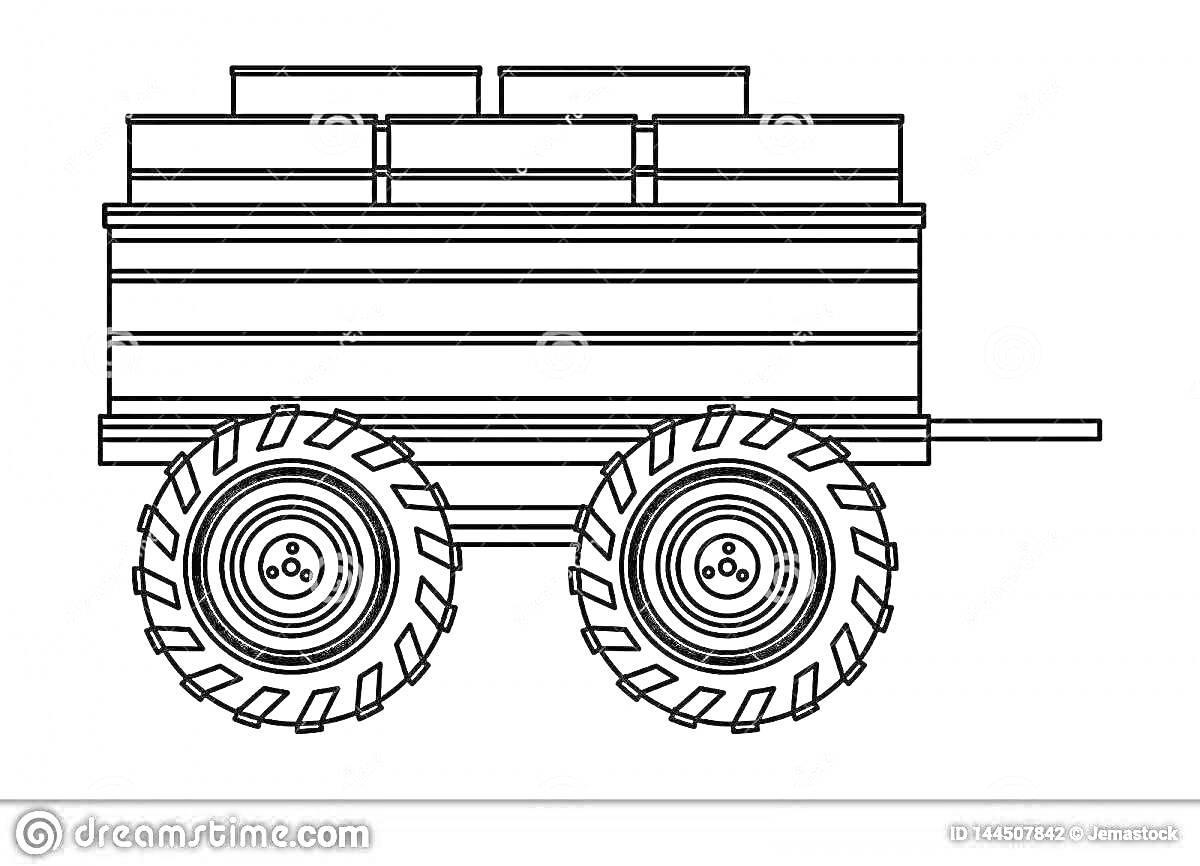 На раскраске изображено: Прицеп, Трактор, Ящики, Колёса, Сельское хозяйство