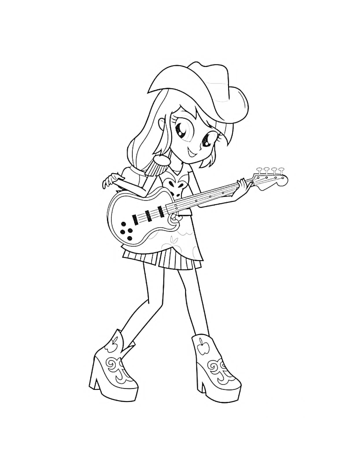 Раскраска Девушка в ковбойской шляпе и сапогах играет на гитаре