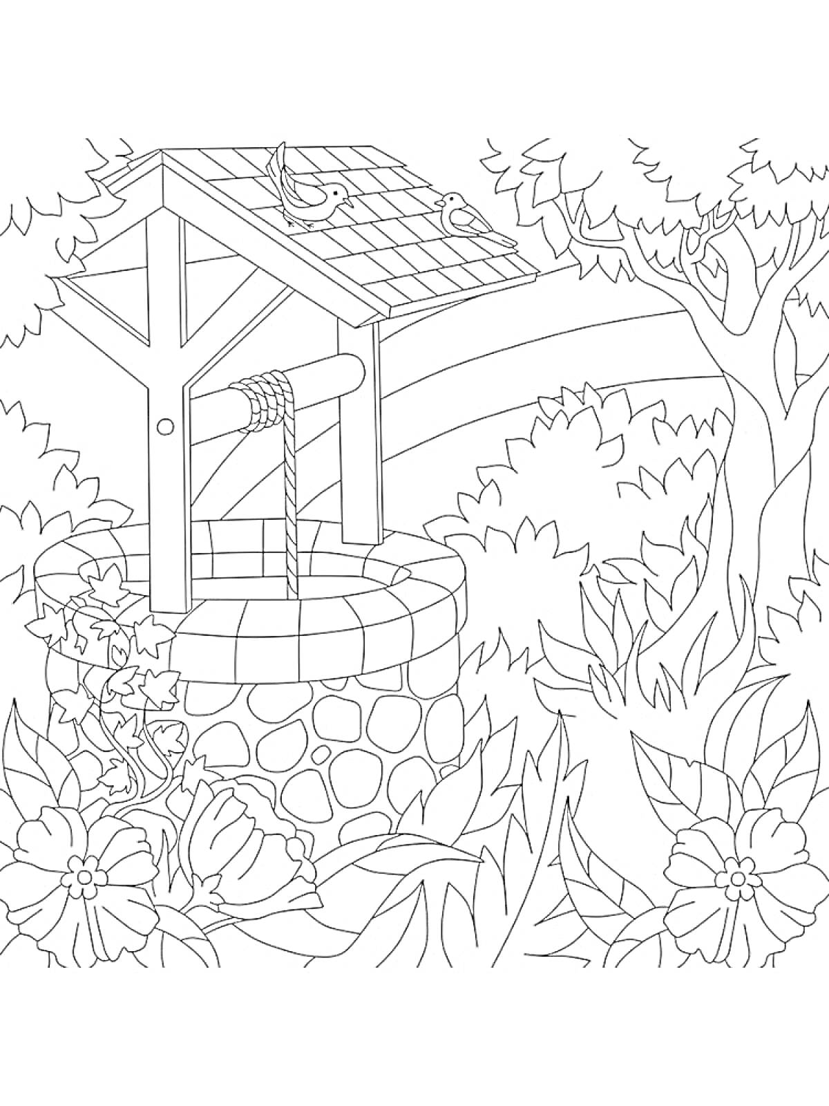 Колодец с крышей, ведром и рукояткой, окружённый цветами и растительностью