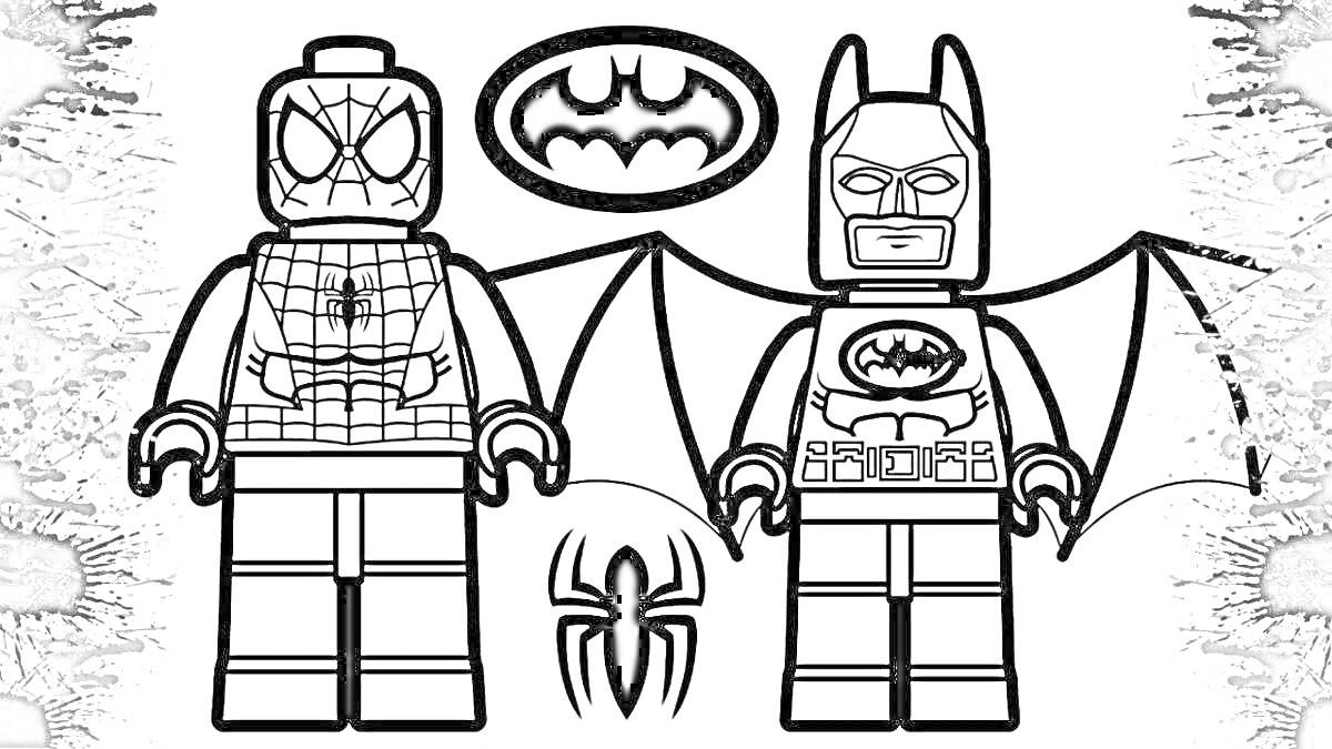 Раскраска Лего-раскраска с Человеком-пауком, Бэтменом, логотипом Бэтмена и пауком.