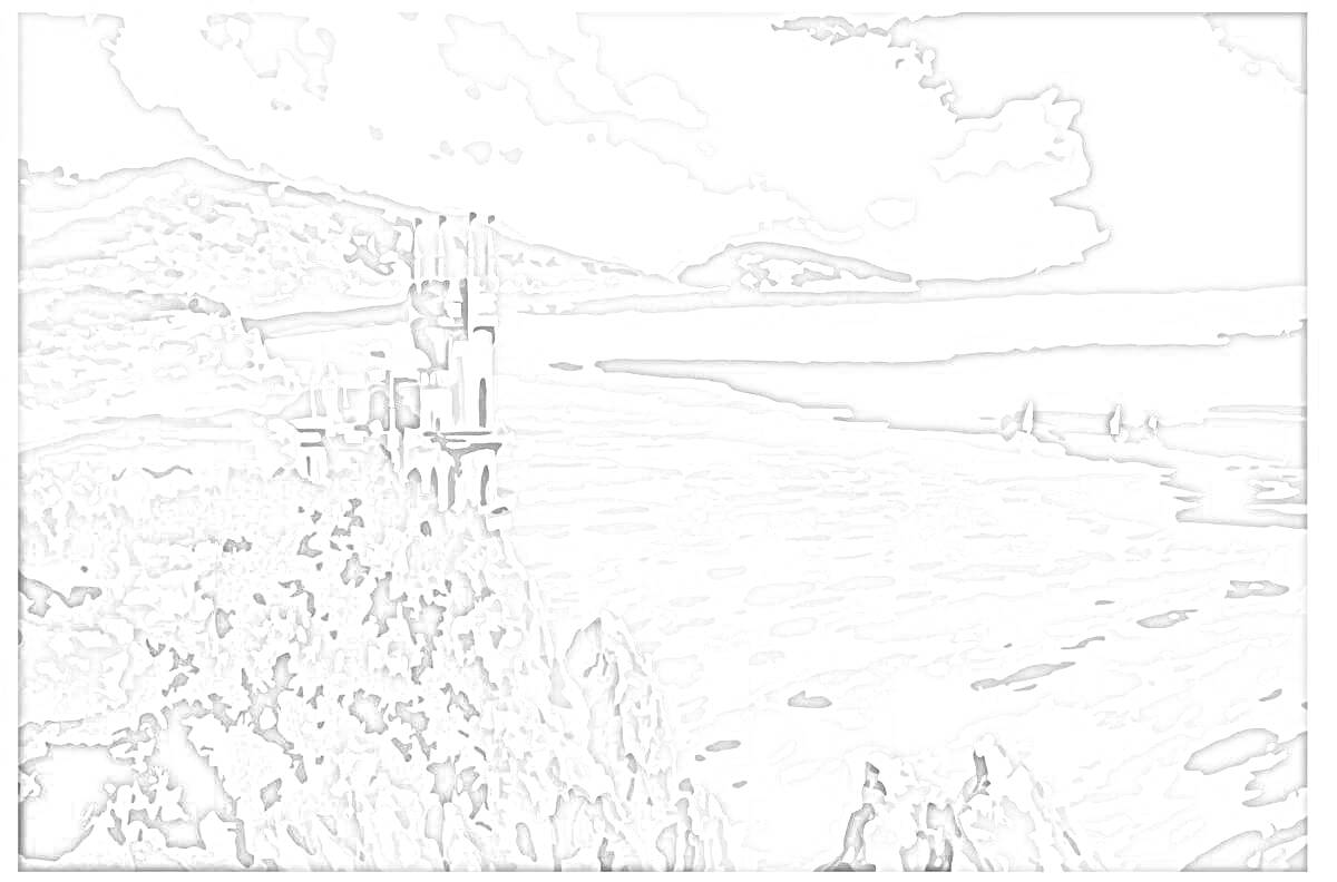На раскраске изображено: Замок, Море, Парусники, Небо, Пейзаж, Скалы