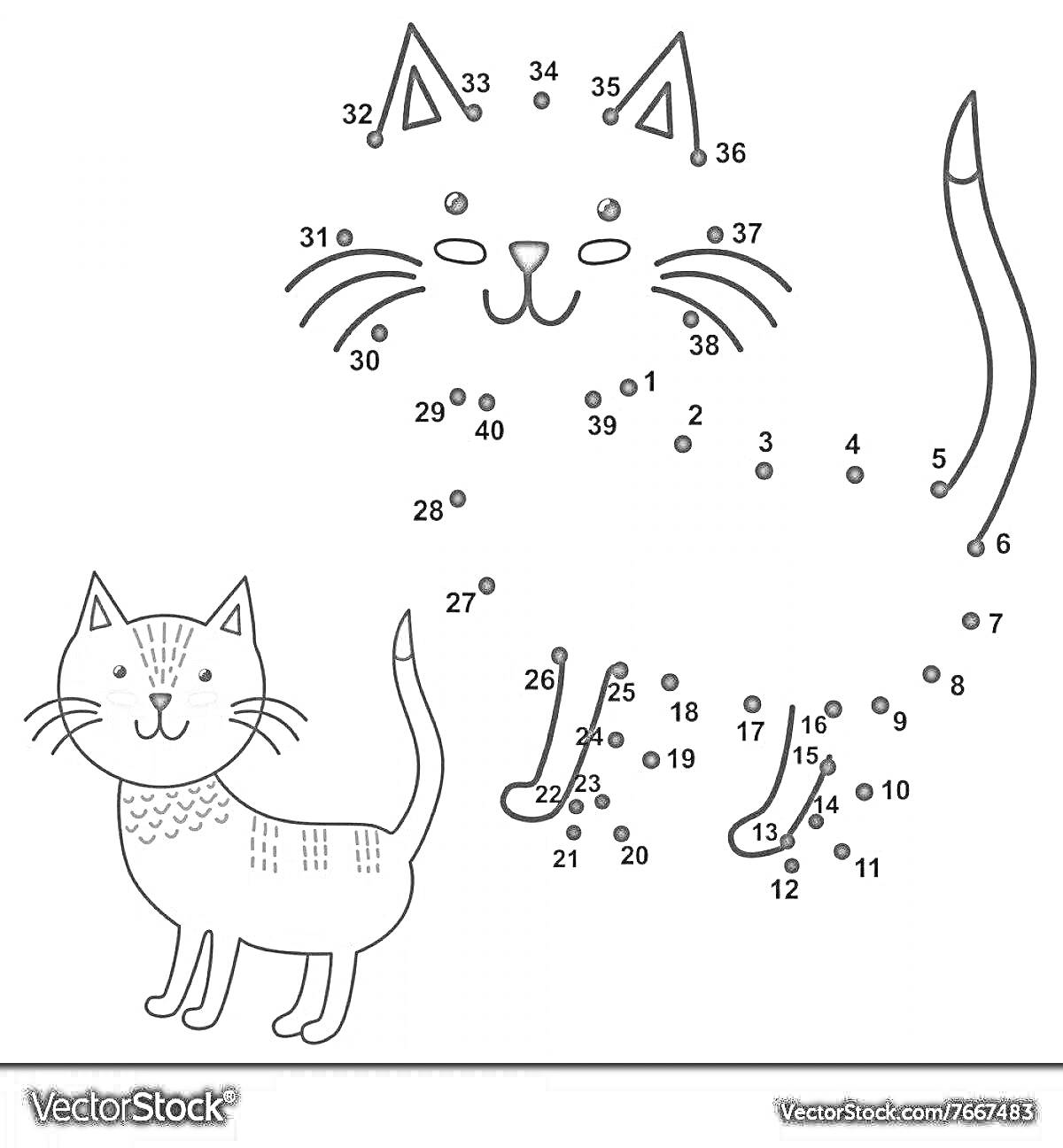 Раскраска - котик по точкам с фоном серого котика