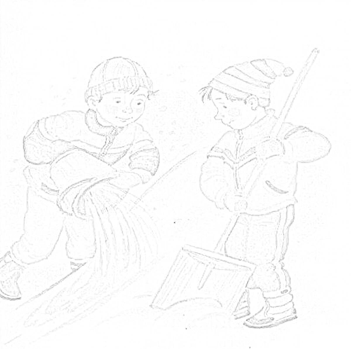 Раскраска Дети подготавливают ледяную горку: мальчик льет воду из ведра, другой держит лопату