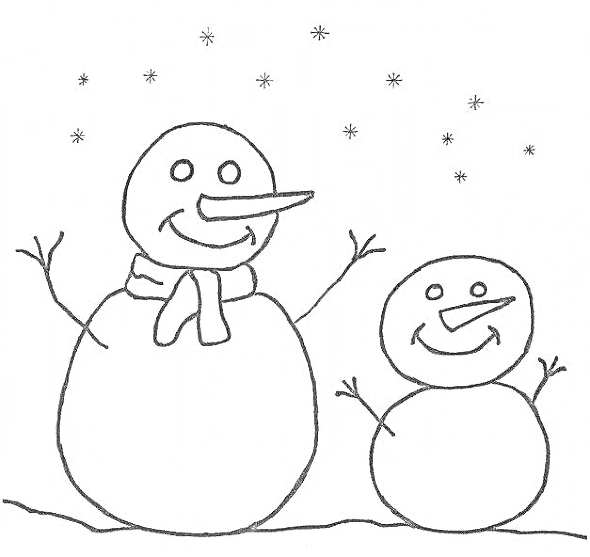 На раскраске изображено: Снеговики, Шарф, Снег, Улыбка, Зима, Снегопад, Для детей, Морковь