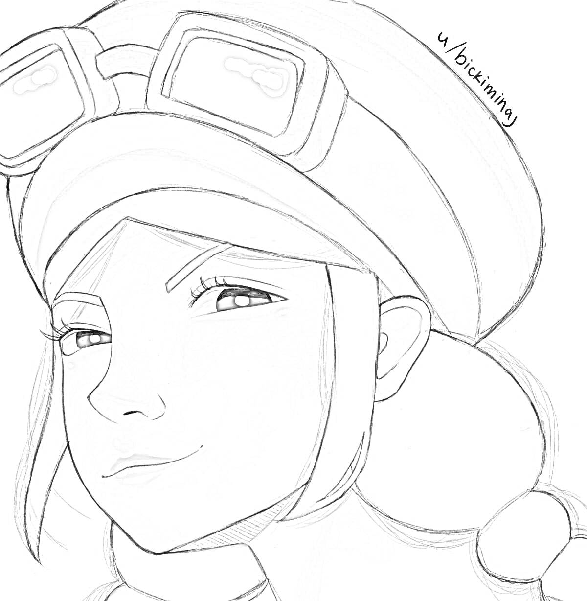 Раскраска Мэнди из игры Brawl Stars в пилотской шапке с очками и с рыжими волосами