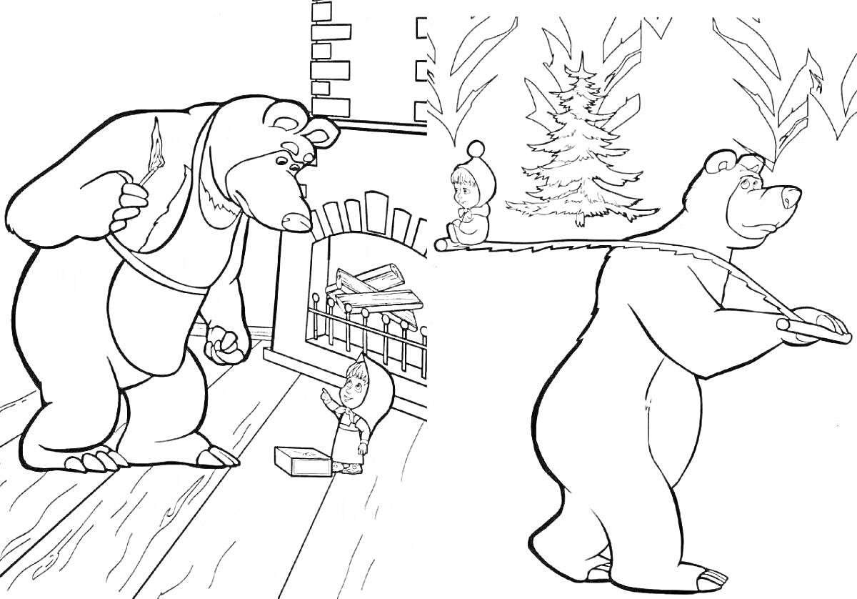 На раскраске изображено: Медведь, Печка, Спички, Девочка, Веревка, Пожарная безопасность, Огонь, Деревянный пол, Комната