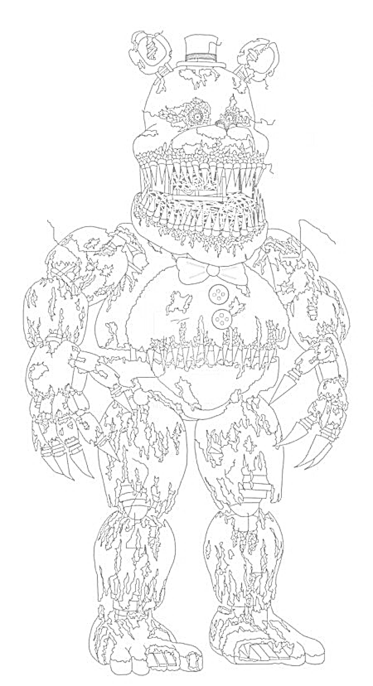 На раскраске изображено: Аниматроник, Медведь, Кошмар, Цилиндр, Острые зубы, Порванная одежда, Кнопки