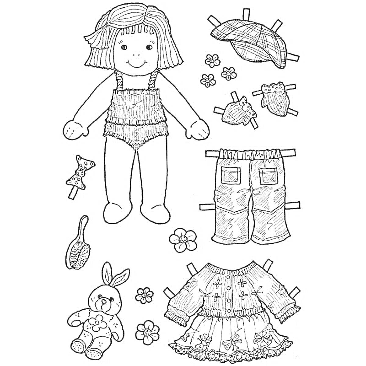 На раскраске изображено: Кукла, Одежда, Для детей, Игрушки, Цветы, Щетка
