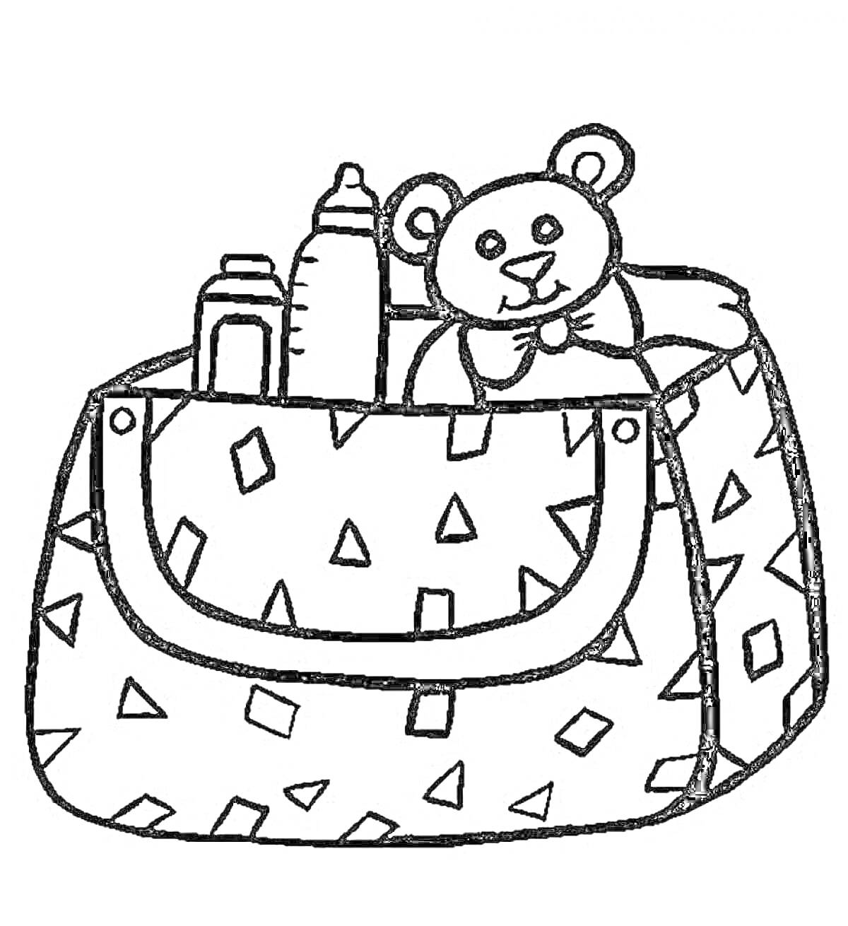 На раскраске изображено: Сумка, Плюшевый медведь, Геометрические фигуры, Игрушки, Детство