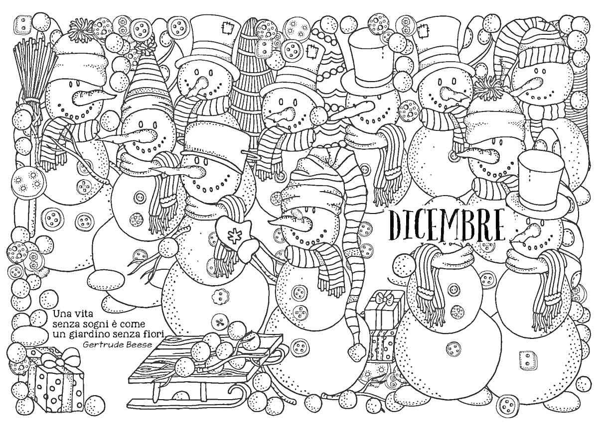 Раскраска Снеговики с подарками и новогодними украшениями в декабре