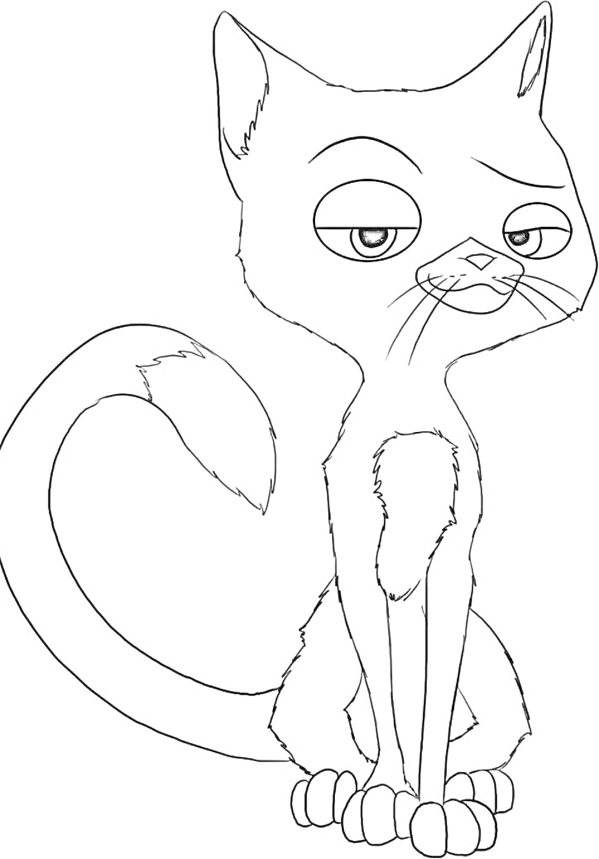 Раскраска мультяшный кот с большим хвостом и выразительными глазами