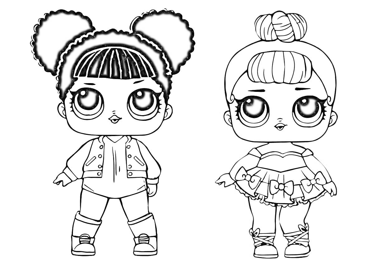 Раскраска Две куклы LOL с большими глазами и прическами (вантузы и хвост), одеты в куртку и юбку с бантом