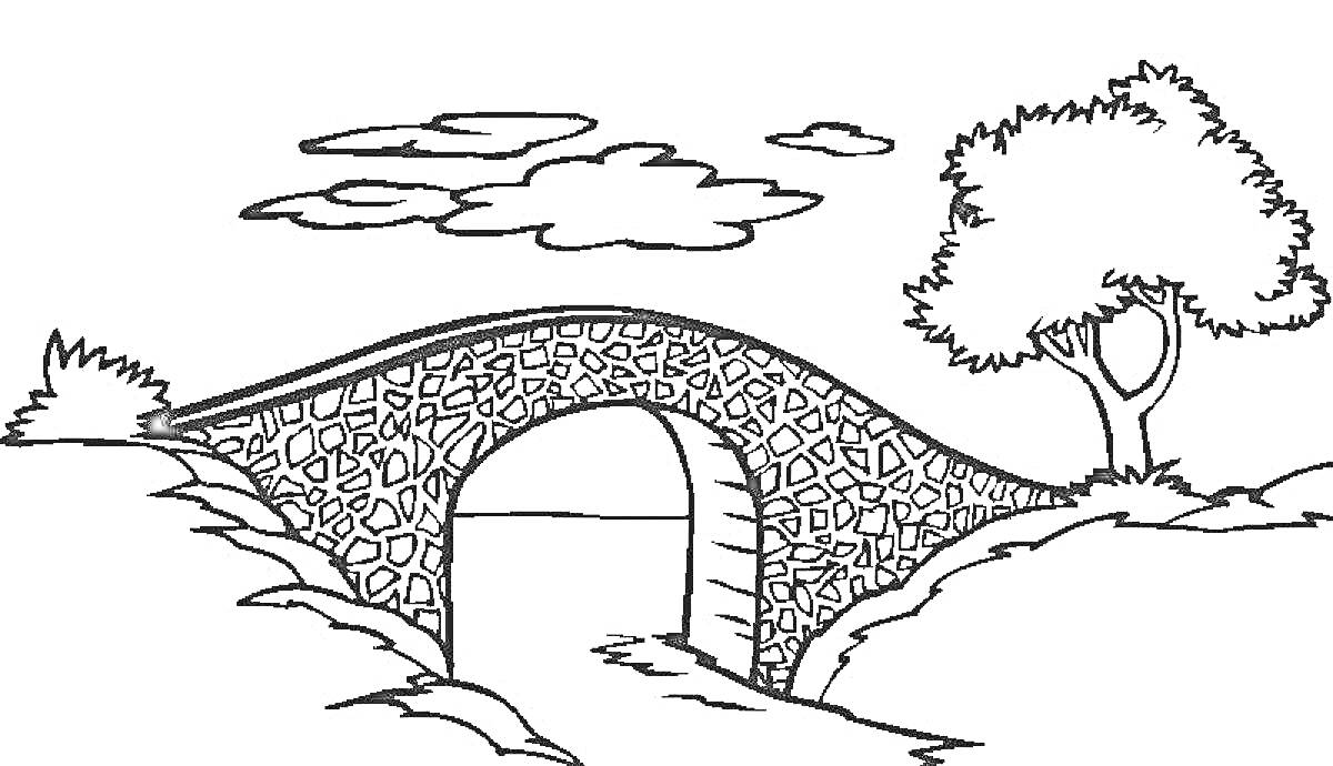 Раскраска Каменный мост над рекой с деревом, кустом и облаками
