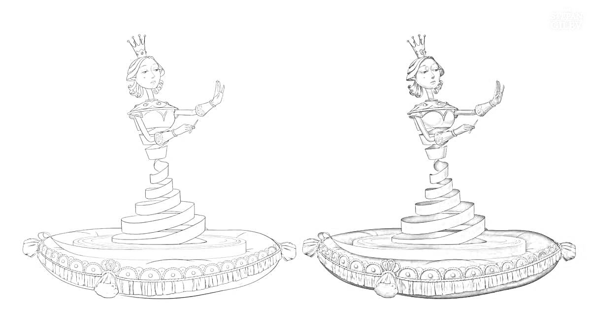 Раскраска Табакерка с балериной, фигурка балерины с короной, стоит на закрученной спирали, украшенная основа